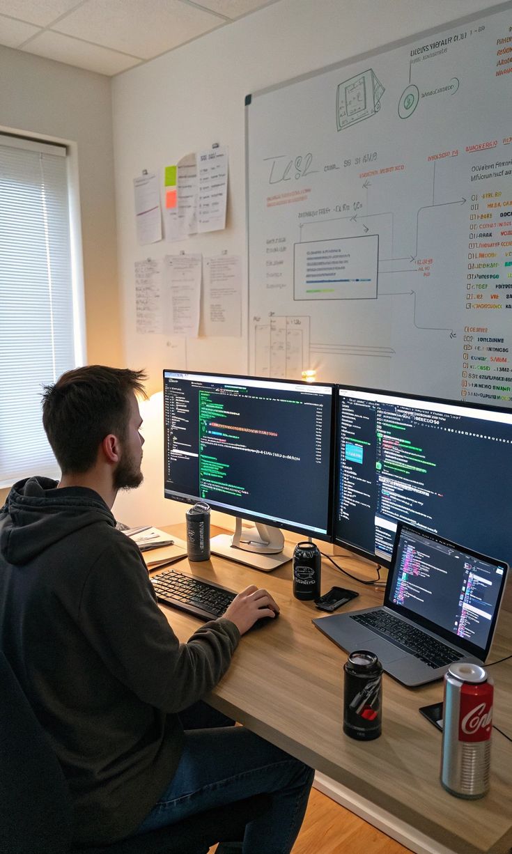 Un programador trabajando en su laptop con múltiples pantallas.